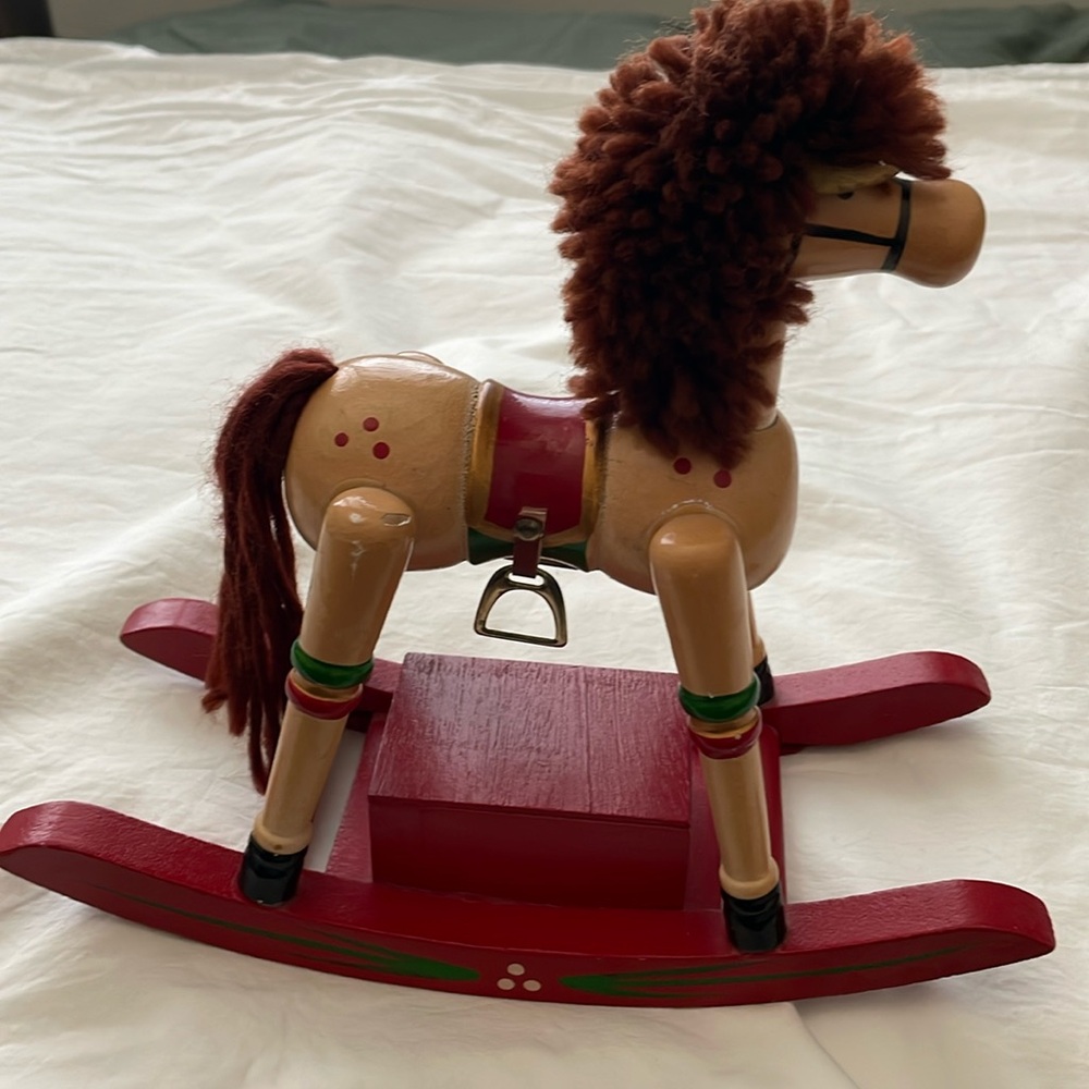 Vintage Musical Rocking Horse Christmas Decor Wooden Red and Tan “WORKS”
